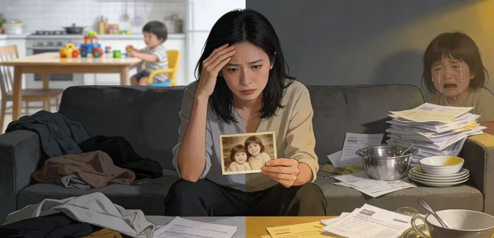 一位女性独自面对生活压力与孩子合影的场景，象征离婚后从愤怒到悔意的心理转变，体现理性决策的重要性。