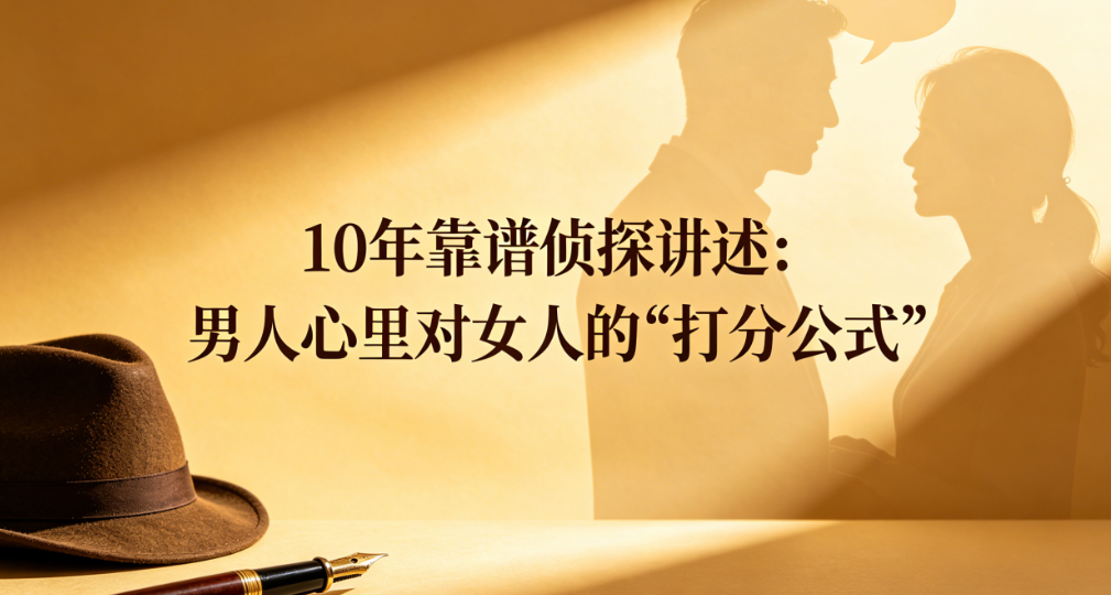 男人给女人的打分公式 一张写满数字与箭头的黑板,旁边站着沉思的男人,背景是心形与问号交织。