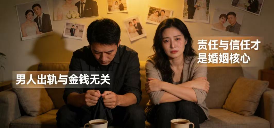 男人出轨与金钱无关真相解析 一对夫妻面对婚姻危机的场景,象征出轨与经济状况无关,强调责任与信任才是婚姻核心。
