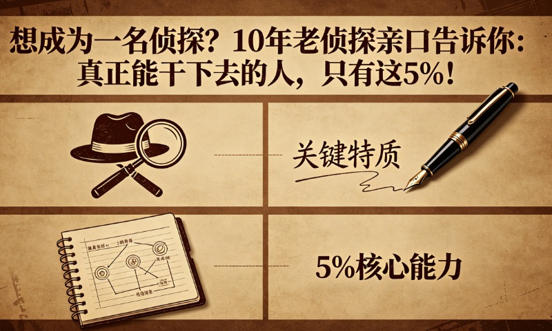 成为侦探的7个硬条件 深夜蹲守的侦探背影,旁边是放大镜、笔记本、相机,氛围专业而神秘。